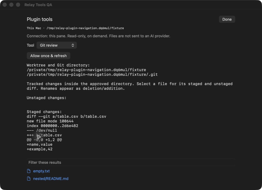 Read-only Git diff for a synthetic CSV fixture