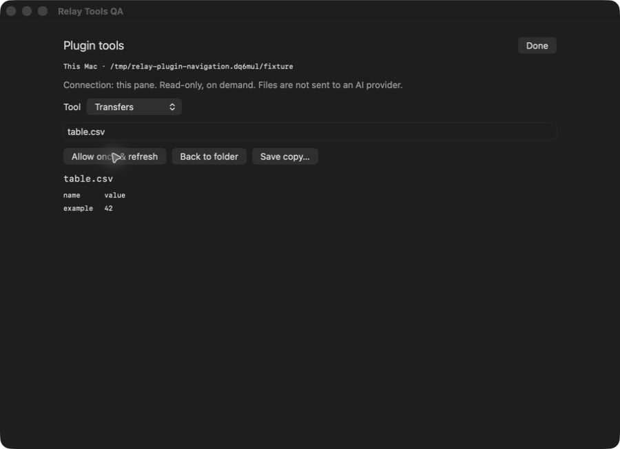 CSV transfer preview with native Save copy control